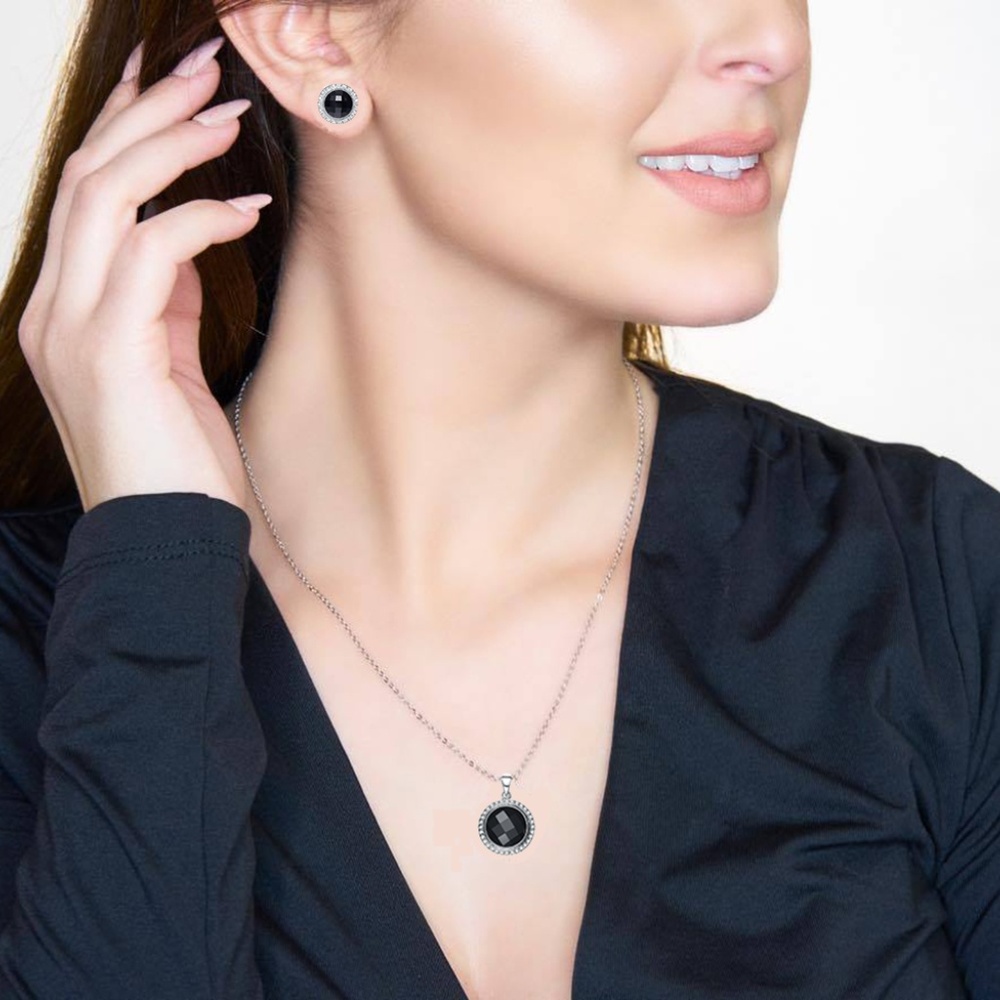 Black Agate Jewelry Set, Sterling Silver